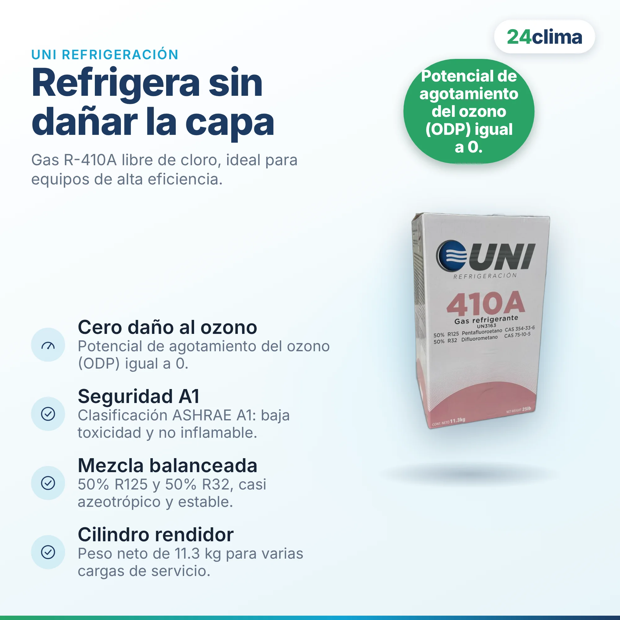 Refrigera sin dañar la capa — Gas R-410A libre de cloro, ideal para equipos de alta eficiencia.